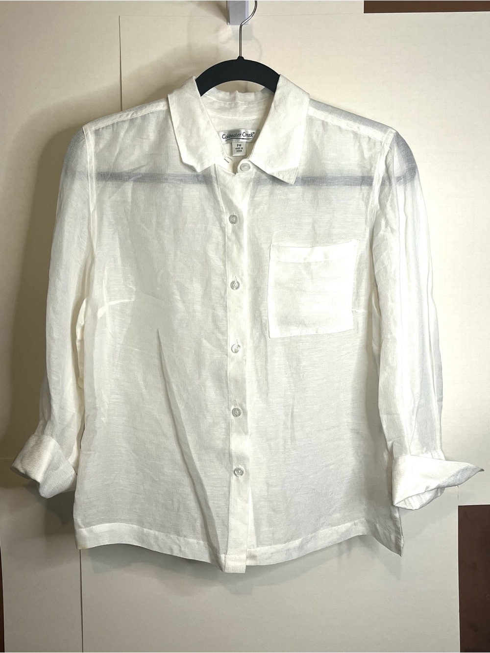 Coldwater Creek Women’s Petite M White Sheer Linen Silk Blend Button-Down Shirt